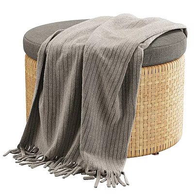 Round Woven Stool With Gray Padded Seat And Draped Blanket 3d model