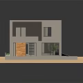 Modern Detached Villa With Red Roof Gray Walls Orange Door Green Lawn And Wooden Platform