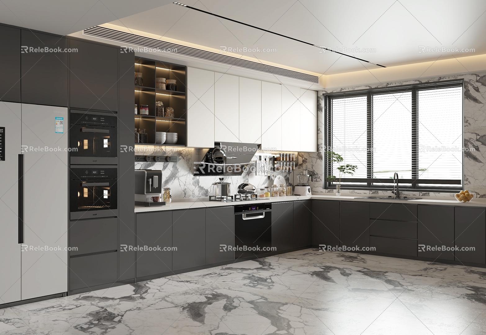 Modern Kitchen L-shaped Kitchen Cabinet Kitchenware Appliances 3d model