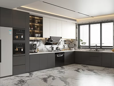 Modern Kitchen Interior Design With Gray Cabinets Marble Countertops And Built in Appliances 3d model
