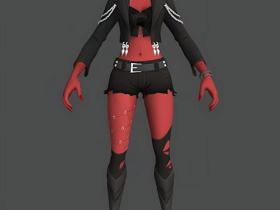 Red Skinned Game and Movie Character In Black Outfit With Shorts Belt And Leg Gear 3d model