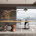 Modern Tea Room Interior With Wooden Table Teaware Pendant Lights And Mountain View