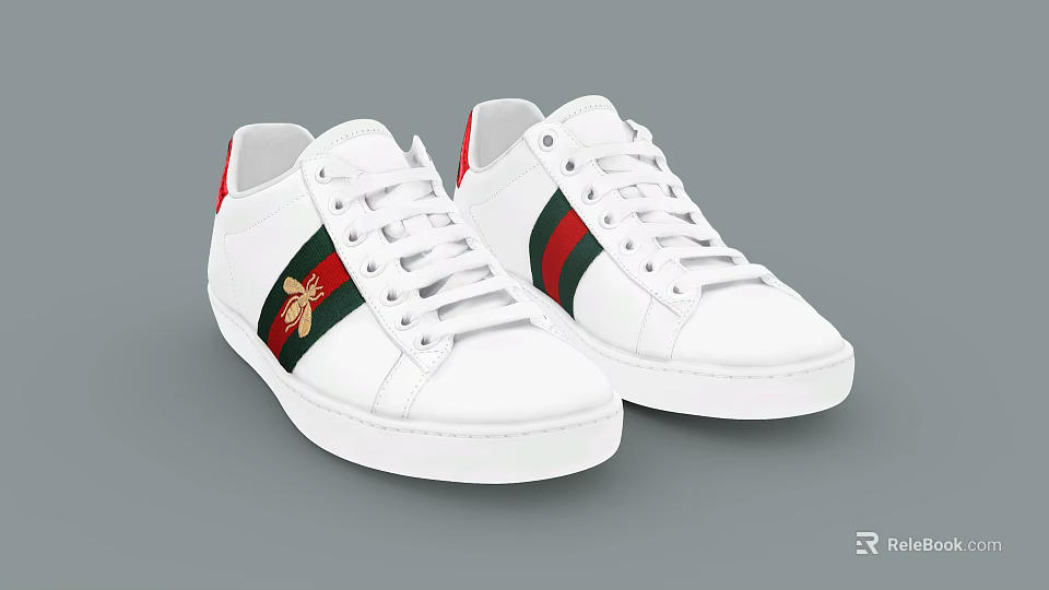 White Casual Sneakers With Red Green Stripes And Bee Emblem Design 3d model 