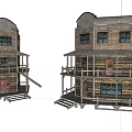 Two Story Wooden House With Balcony Railings Windows And Doors