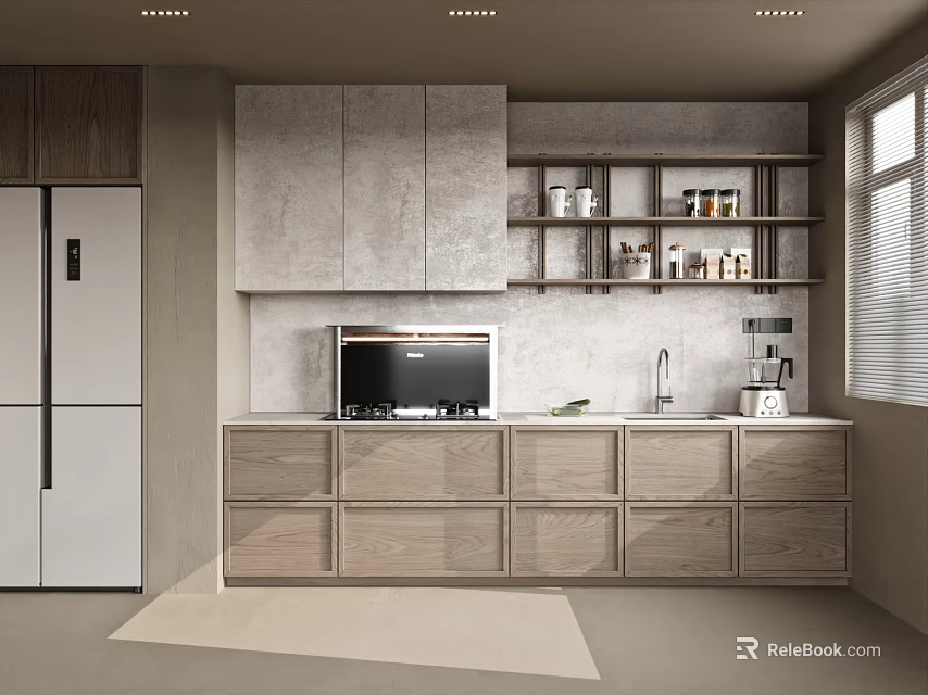 Modern Kitchen Interior With Wooden Cabinets Grey Wall Island And Appliances 3d model 