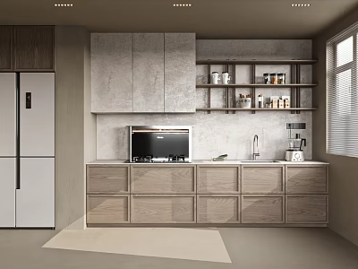 Modern Kitchen Interior With Wooden Cabinets Grey Wall Island And Appliances 3d model