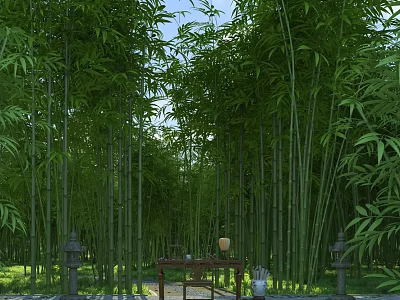Lush Bamboo Forest With Tall Green Stalks Stone Lanterns And Wooden Table Pathway 3d model