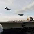 Aircraft Carrier In Ocean With Helicopter And Fighter Jet Flying