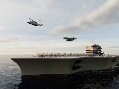 Aircraft Carrier In Ocean With Helicopter And Fighter Jet Flying 3d model
