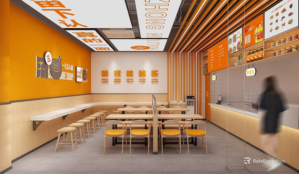 Casual Dining Restaurant With Orange And White Interior Long Tables Open Counter And Menu Displays 3d model 