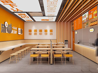 Casual Dining Restaurant With Orange And White Interior Long Tables Open Counter And Menu Displays 3d model