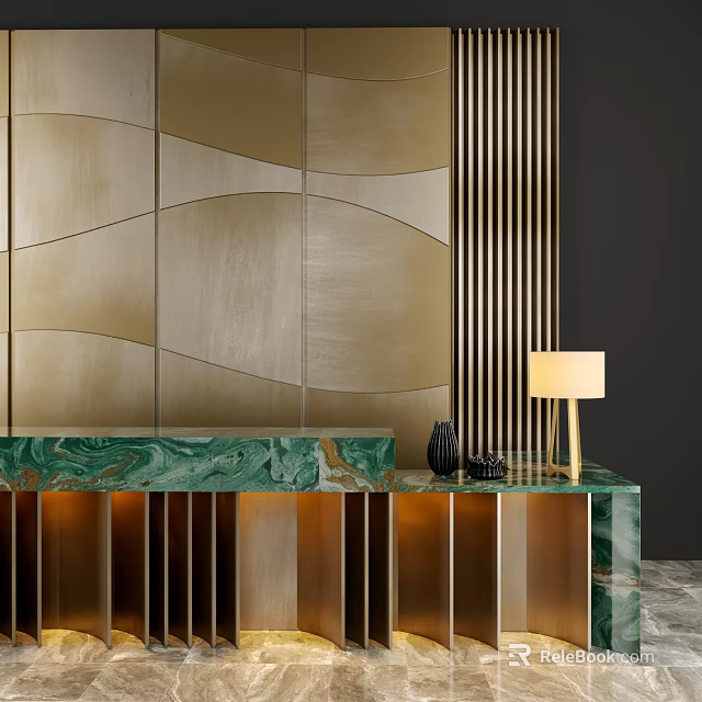 Modern Luxury Reception Desk With Golden Wavy Wall Green Marble Countertop And Decor Accents 3d model 