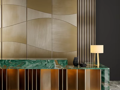 Modern Luxury Reception Desk With Golden Wavy Wall Green Marble Countertop And Decor Accents 3d model