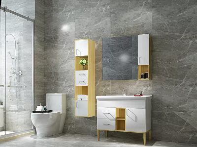 Modern Bathroom Vanity With White Yellow Design Mirror And Storage Cabinet On Grey Marble Wall 3d model