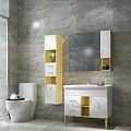 Modern Bathroom Vanity With White Yellow Design Mirror And Storage Cabinet On Grey Marble Wall