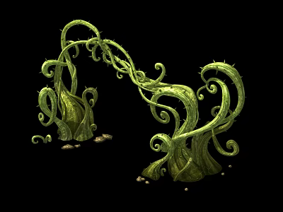 Green Curved Vines with Twisted Curling Structures on Black Background and Small Stones at Base 3d model