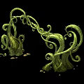 Green Curved Vines with Twisted Curling Structures on Black Background and Small Stones at Base