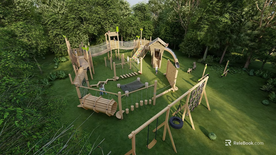 Kids Play Area With Wooden Climbing Frames Slides Swings And Green Grass 3d model 