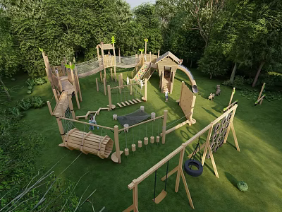 Kids Play Area With Wooden Climbing Frames Slides Swings And Green Grass 3d model