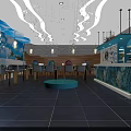 Blue Themed Restaurant Interior With Wavy Ceiling Round Windows And Blue Bar Counter
