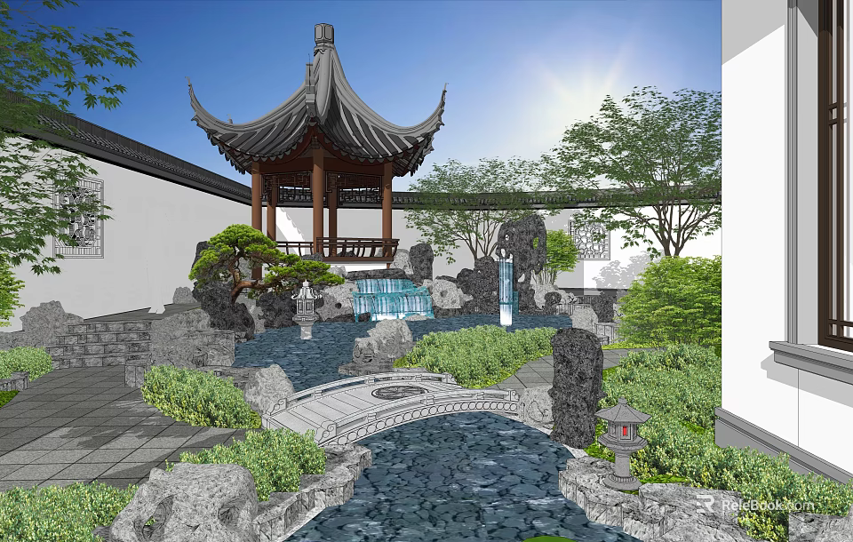 Traditional Chinese Garden Featuring Rockery Stones Pavilion Small Bridge And Flowing Water 3d model 