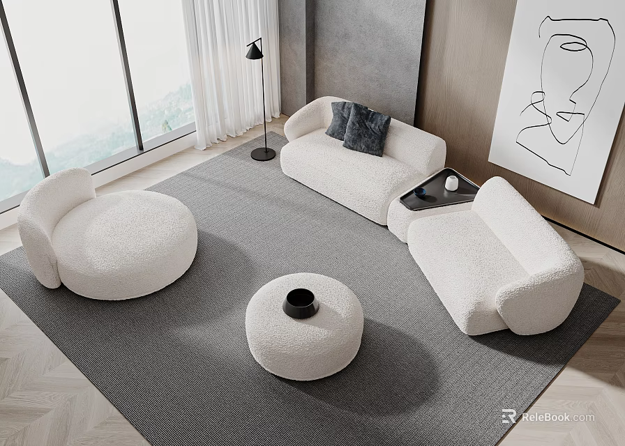 Modern Living Room Curved Sofa And Round Coffee Table Set With Floor Lamp Wall Art 3d model 