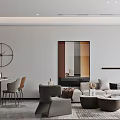 Modern Dining and Living Room Interior With Sofa Coffee Tables Dining Set And Artwork