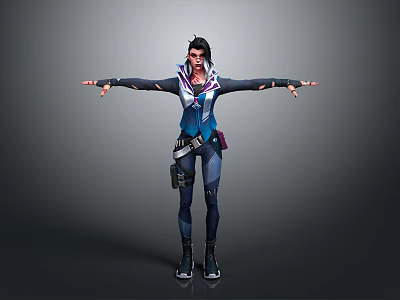 3D Female Character Model In Blue Purple Outfit With Arms Outstretched And Utility Belt 3d model