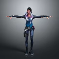 3D Female Character Model In Blue Purple Outfit With Arms Outstretched And Utility Belt