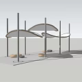 Modern Outdoor Structure With Curved White Canopies Black Poles And Ground Stones