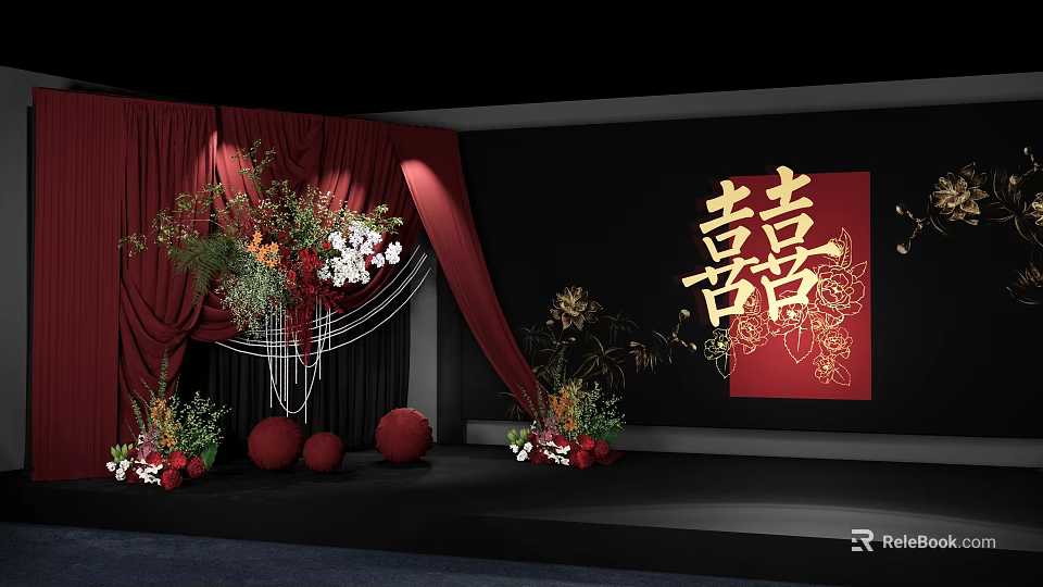 Wedding Stage Decoration With Red Curtains Flower Arrangements Red Balls And Double Happiness Character 3d model 