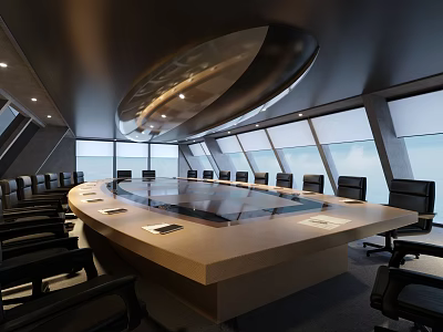 Modern Conference Room Interior With Large Table Black Chairs And Scenic Windows 3d model