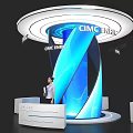 Modern Exhibition Booth Design With CINE ENRIC Logo Blue Column And Reception Desk