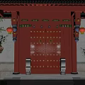 Traditional Chinese Style Red Entrance Gate With Carved Decorations Red Lanterns And Bamboo Plants
