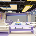 Colorful Pet Supply Store Interior With Purple Blue Decor Display Shelves And Round Table