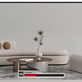 Modern Beige Sofa and Wooden Coffee Table Set with Round Cushions Vase Armchair and Blanket
