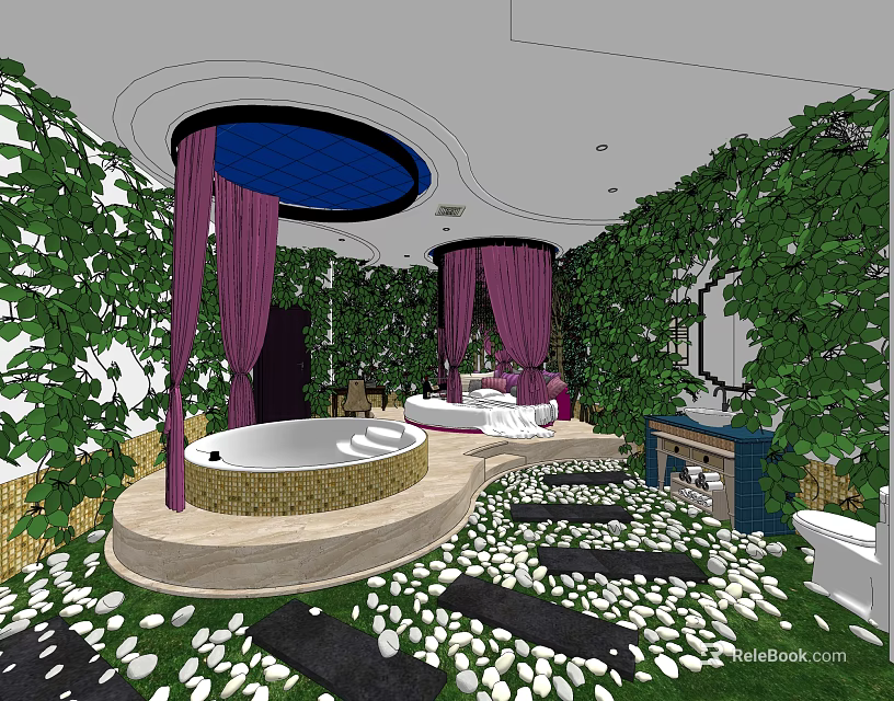 Hotel Guest Room With Green Plant Walls Round Bathtub Purple Drapes Natural Path And Skylight 3d model 