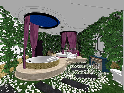 Hotel Guest Room With Green Plant Walls Round Bathtub Purple Drapes Natural Path And Skylight 3d model