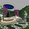 Hotel Guest Room With Green Plant Walls Round Bathtub Purple Drapes Natural Path And Skylight
