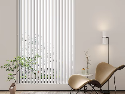 White Window Blinds In Modern Living Room Interior With Potted Plant Armchair And Floor Lamp 3d model