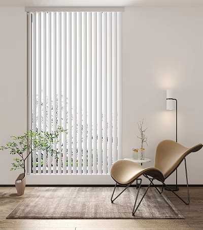 White Window Blinds In Modern Living Room Interior With Potted Plant Armchair And Floor Lamp 3d model