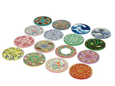 Colorful Round Dinnerware Set with Various Floral Wave Patterns for Table Decoration 3d model