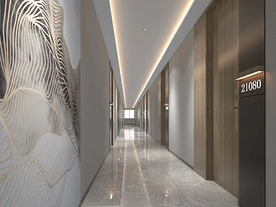 Hotel Corridor With Marble Floor Wooden Doors Artistic Decor Ceiling Strips And Room Number Sign 3d model