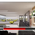 Modern Public Office Space With Cubicles Yellow Chairs Pendant Lights And Green Plants