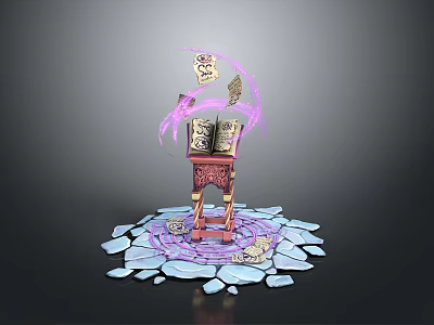 Magical Scene With Ancient Book On Pedestal Floating Papers Purple Aura And Broken Stone Floor 3d model