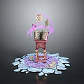 Magical Scene With Ancient Book On Pedestal Floating Papers Purple Aura And Broken Stone Floor