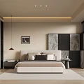 Modern Bedroom Interior With Large Bed Black White Panels And Floor To Ceiling Windows
