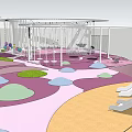 Children's Play Area With White Metal Structure Colorful Purple Pink Floor And Green Lawn