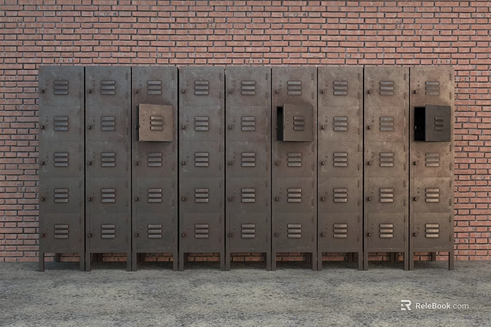 Row of Public Facility Metal Lockers Against Red Brick Wall On Concrete Floor 3d model 