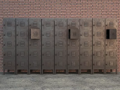 Row of Public Facility Metal Lockers Against Red Brick Wall On Concrete Floor 3d model